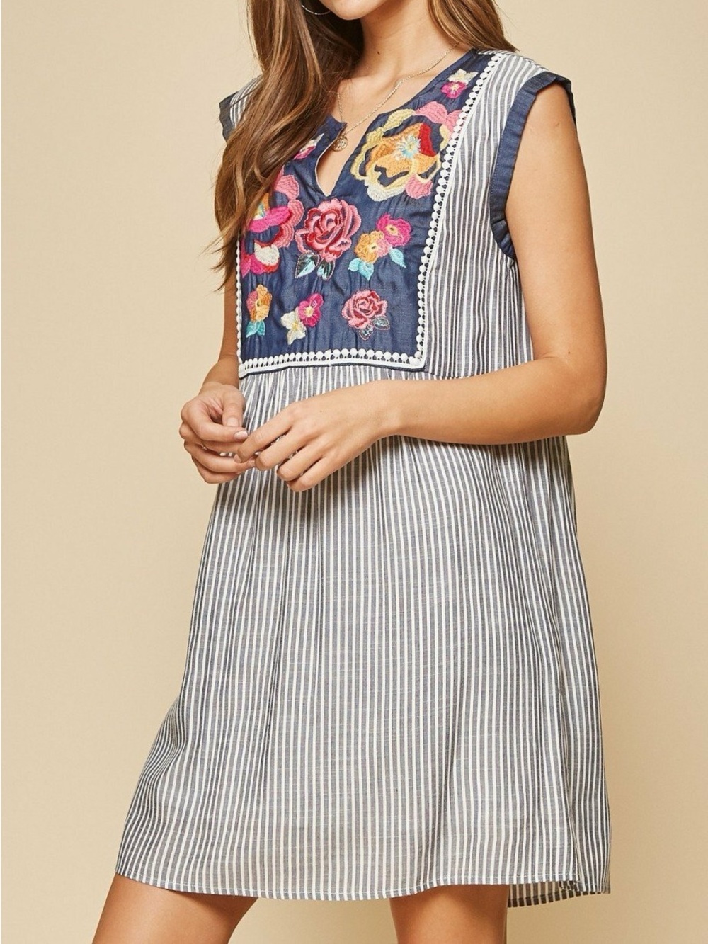 ANDREE BY UNIT Navy Stripe Dress with Multicolor Floral Embroidery